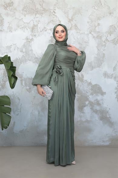 Gül Detaylı Işıltı Abiye - Mint Yeşil