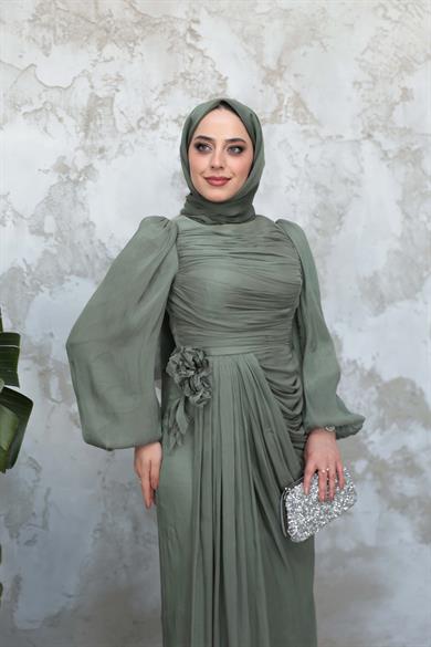 Gül Detaylı Işıltı Abiye - Mint Yeşil