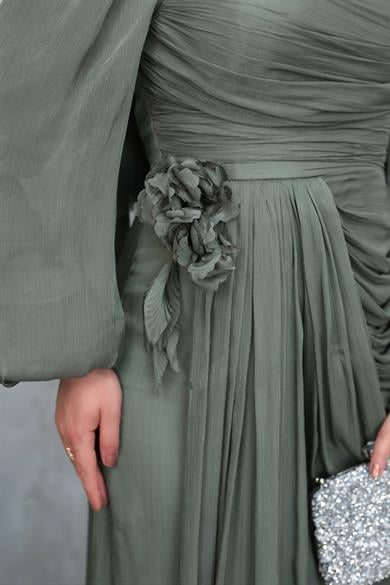 Gül Detaylı Işıltı Abiye - Mint Yeşil