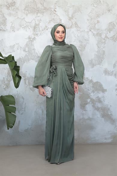 Gül Detaylı Işıltı Abiye - Mint Yeşil