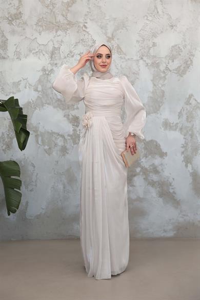 Gül Detaylı Işıltı Abiye - Vizon