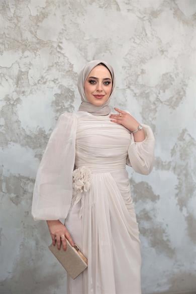 Gül Detaylı Işıltı Abiye - Vizon