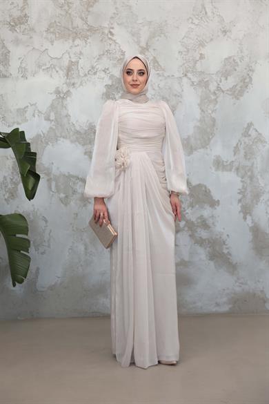 Gül Detaylı Işıltı Abiye - Vizon