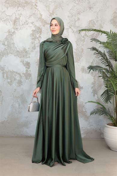 Gül Detaylı Saten Abiye - Haki