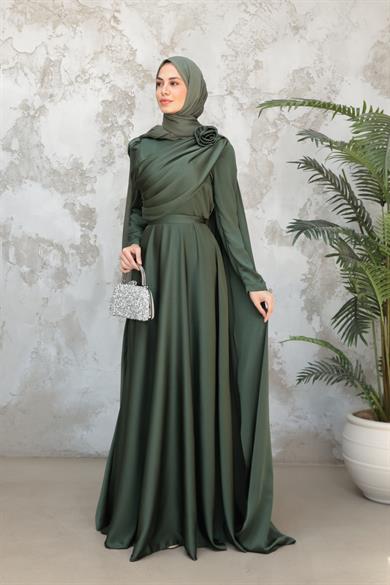 Gül Detaylı Saten Abiye - Haki