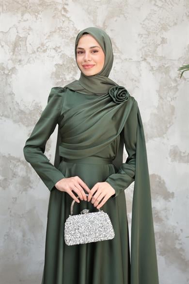 Gül Detaylı Saten Abiye - Haki