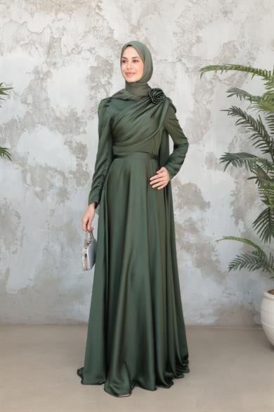 Gül Detaylı Saten Abiye - Haki