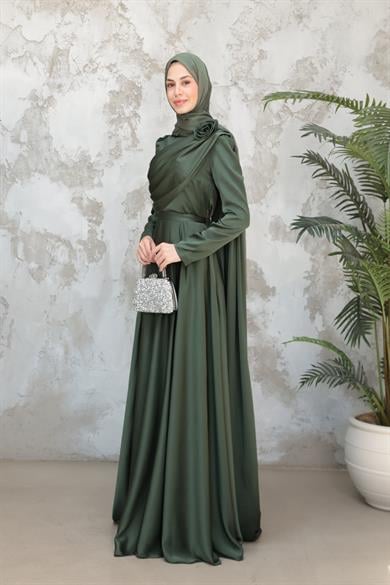 Gül Detaylı Saten Abiye - Haki