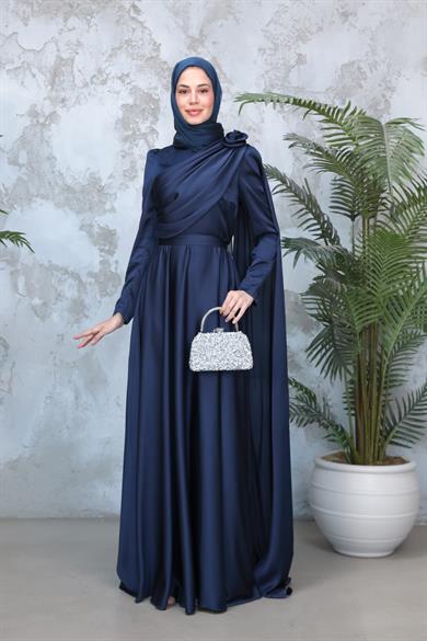 Gül Detaylı Saten Abiye - Lacivert