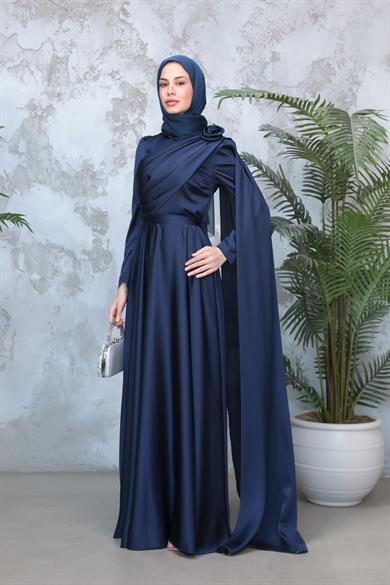 Gül Detaylı Saten Abiye - Lacivert