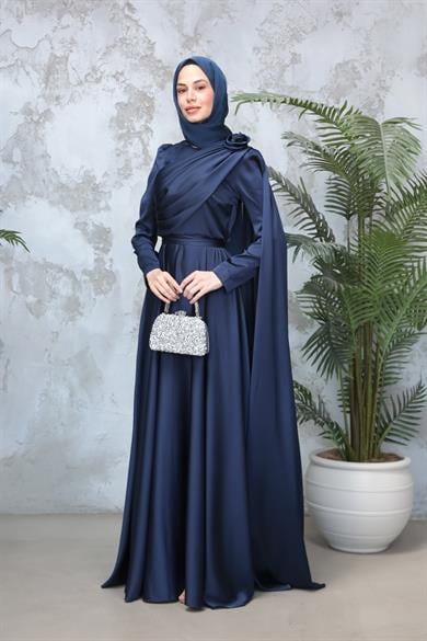 Gül Detaylı Saten Abiye - Lacivert
