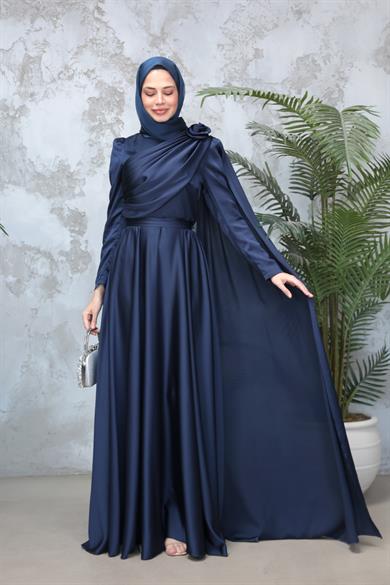 Gül Detaylı Saten Abiye - Lacivert