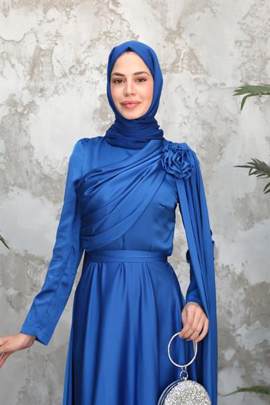 Gül Detaylı Saten Abiye - Saks Mavi
