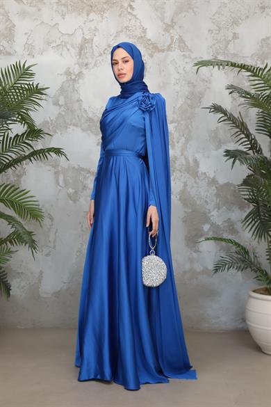 Gül Detaylı Saten Abiye - Saks Mavi