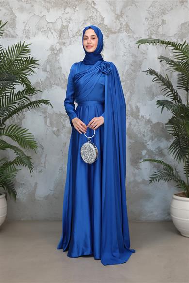 Gül Detaylı Saten Abiye - Saks Mavi