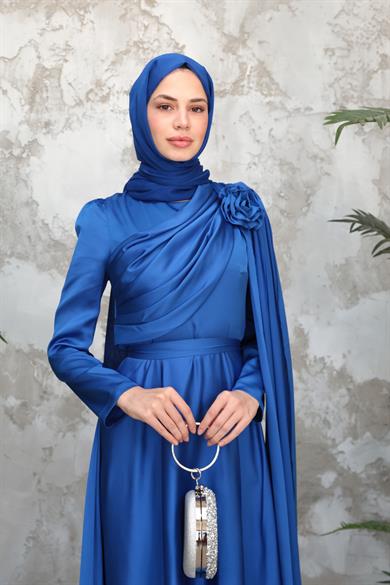 Gül Detaylı Saten Abiye - Saks Mavi