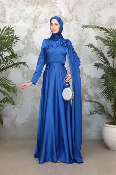 Gül Detaylı Saten Abiye - Saks Mavi