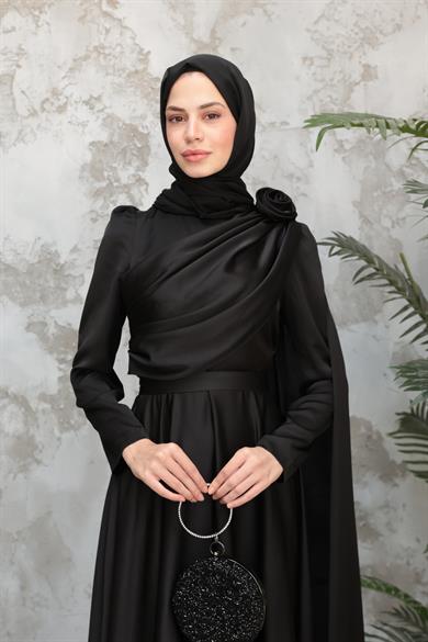 Gül Detaylı Saten Abiye - Siyah