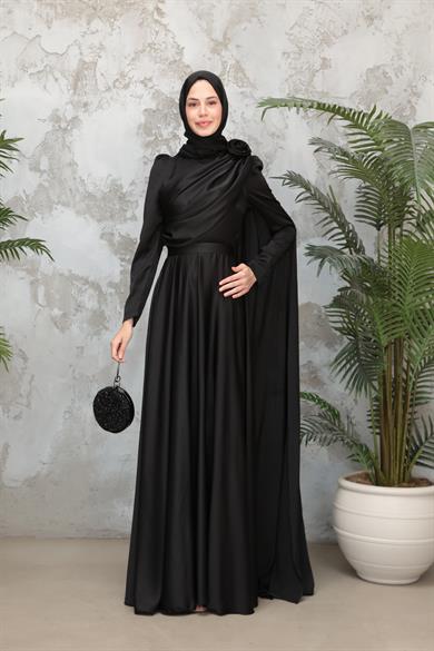 Gül Detaylı Saten Abiye - Siyah