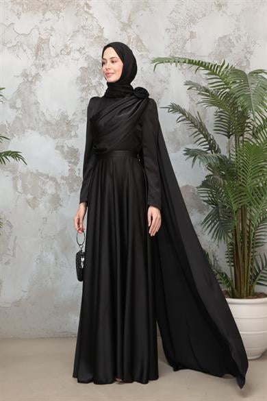 Gül Detaylı Saten Abiye - Siyah