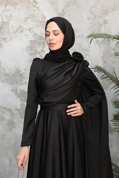 Gül Detaylı Saten Abiye - Siyah