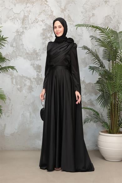 Gül Detaylı Saten Abiye - Siyah
