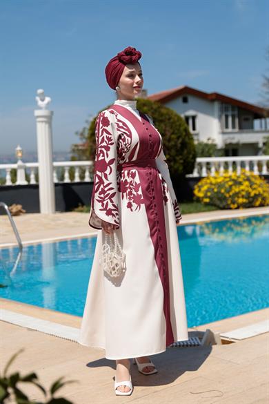 Gülfide Desen Elbise - Bordo-Beyaz