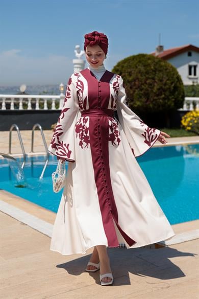 Gülfide Desen Elbise - Bordo-Beyaz