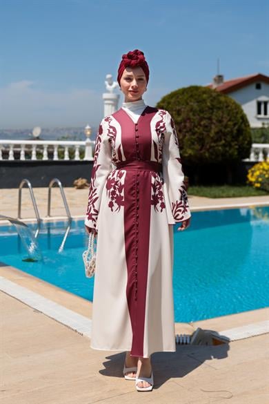 Gülfide Desen Elbise - Bordo-Beyaz