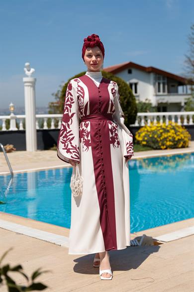 Gülfide Desen Elbise - Bordo-Beyaz
