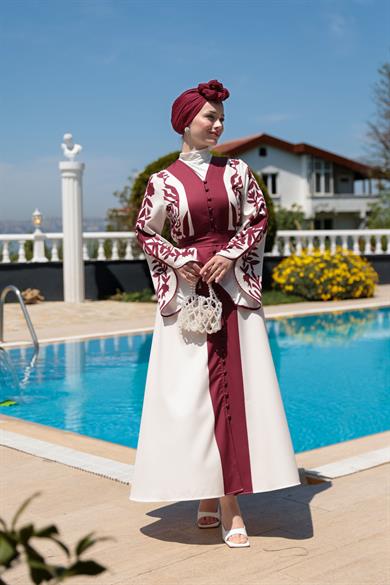 Gülfide Desen Elbise - Bordo-Beyaz