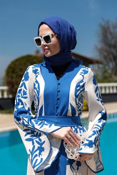 Gülfide Desen Elbise - Mavi-Beyaz