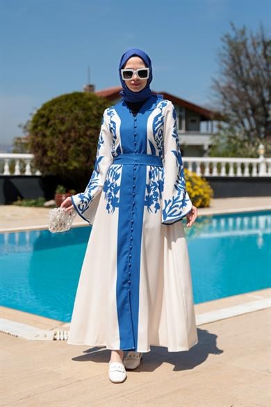 Gülfide Desen Elbise - Mavi-Beyaz