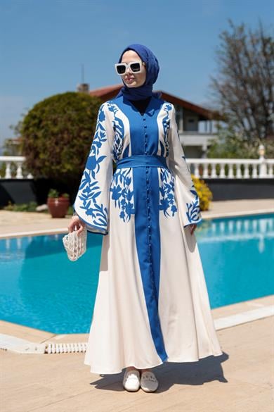 Gülfide Desen Elbise - Mavi-Beyaz