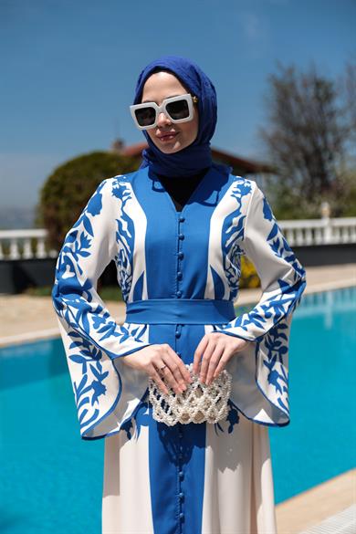 Gülfide Desen Elbise - Mavi-Beyaz