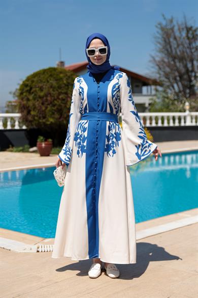 Gülfide Desen Elbise - Mavi-Beyaz