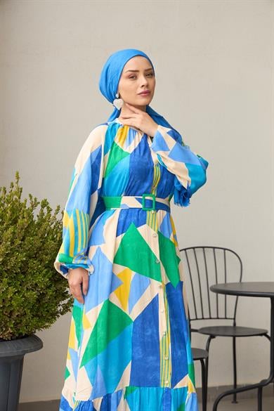 Magnificent Collar Belted Halter Dress - Blue