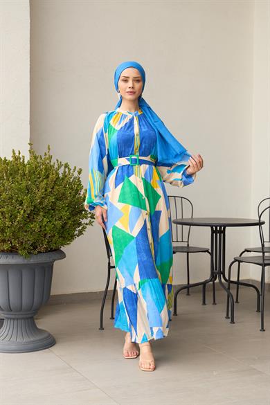 Magnificent Collar Belted Halter Dress - Blue