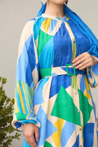 Magnificent Collar Belted Halter Dress - Blue