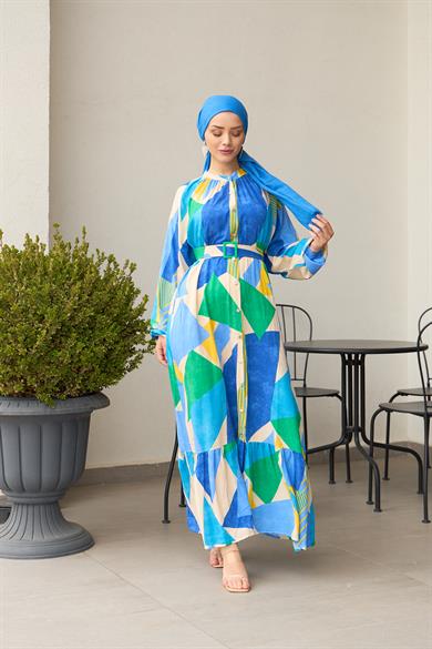 Magnificent Collar Belted Halter Dress - Blue