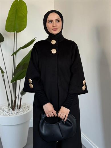 Halime Düğme Detay Kaban - Siyah