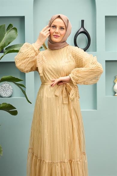 Hazal Belden Bağlamalı Abiye - Bej