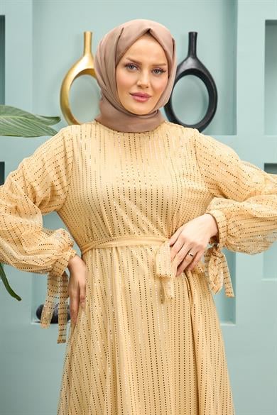 Hazal Belden Bağlamalı Abiye - Bej