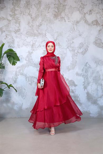 Hazen Patterned Layered Evening Dress on the Front - Claret Red