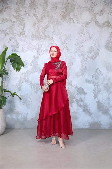 Hazen Patterned Layered Evening Dress on the Front - Claret Red