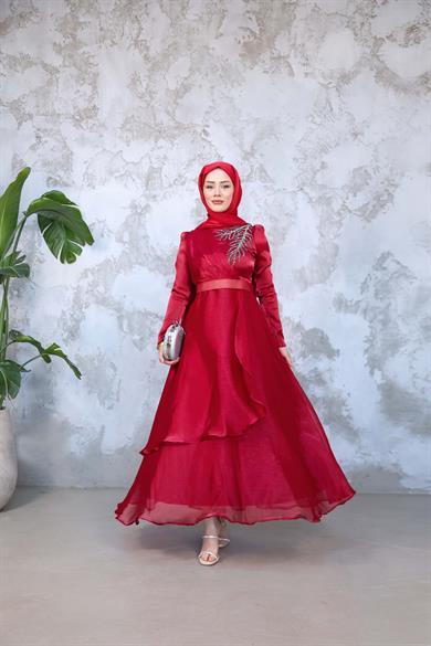 Hazen Patterned Layered Evening Dress on the Front - Claret Red