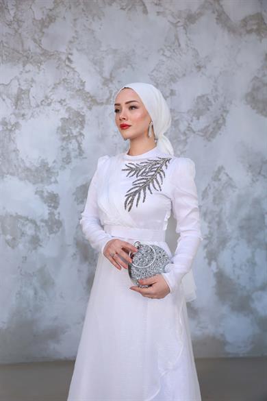 Hazen Önü Desenli Katlı Abiye - Ekru