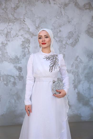 Hazen Önü Desenli Katlı Abiye - Ekru