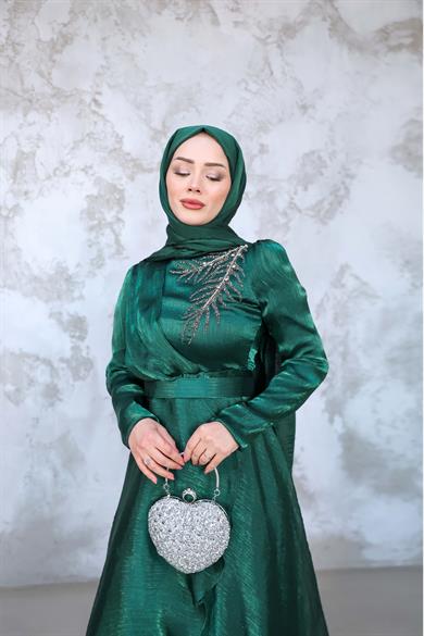 Hazen Patterned Tiered Evening Dress on the Front - Green