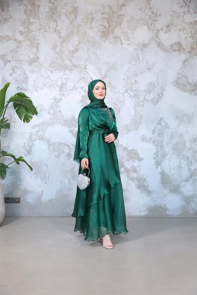 Hazen Patterned Tiered Evening Dress on the Front - Green